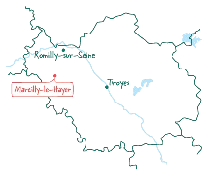 Carte illustrée de l'Aube avec Marcilly-le-Hayer mis en avant